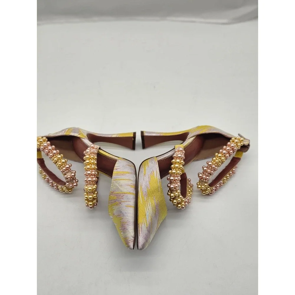 ASOS DESIGN Pumps Women Size 7 Yellow Pearl Embellished Ikat Heels
